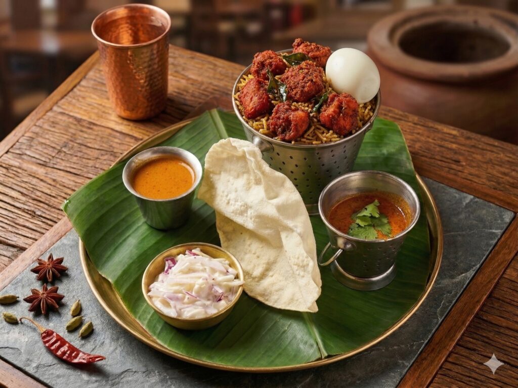 Chicken 65 biryani bucket with papadum and raita