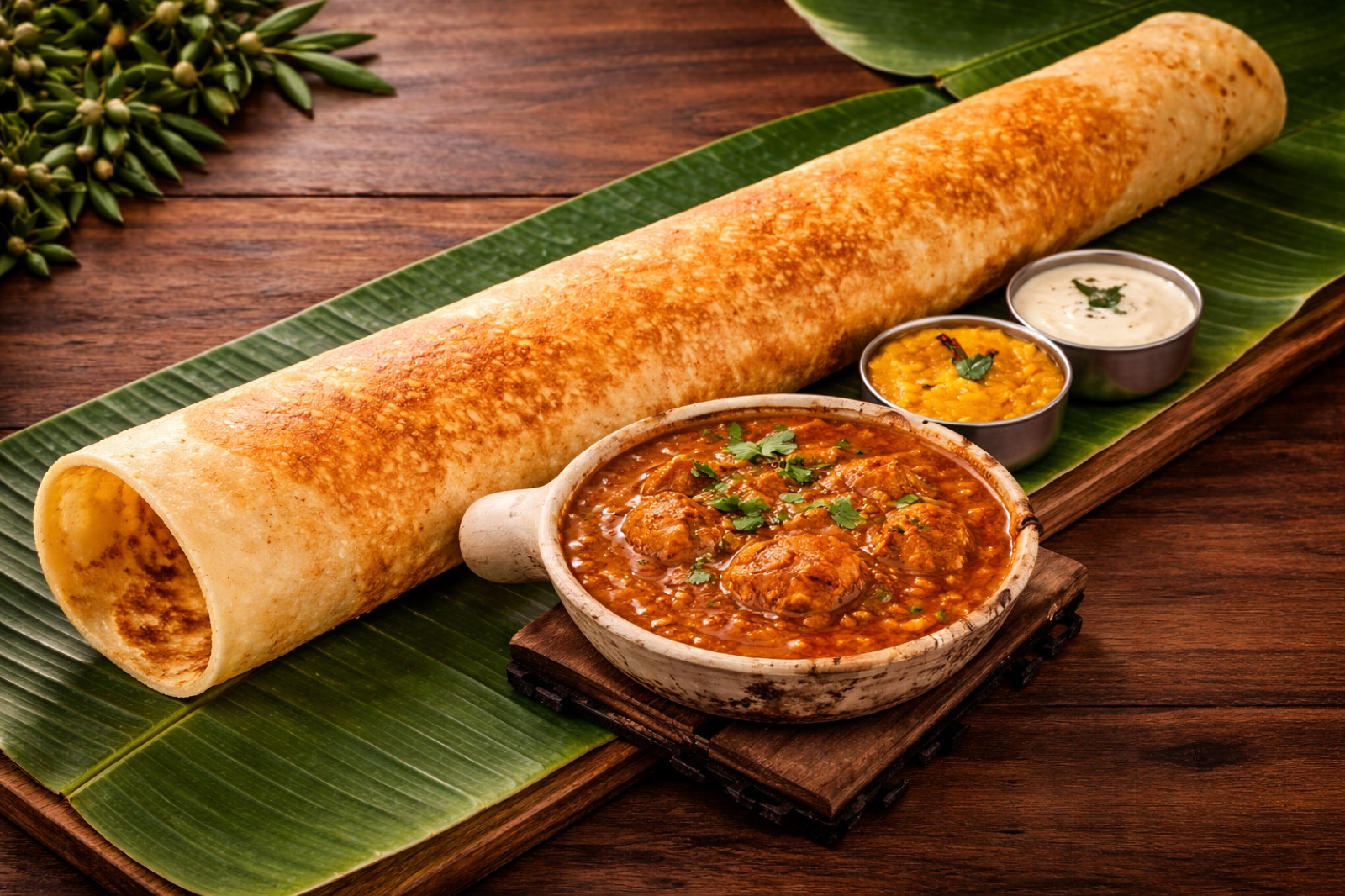 King Thosai with mutton curry and chutneys